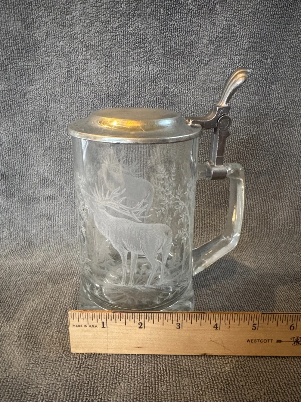 ALWE West Germany Glass Beer Stein Etched Stag Wildlife Design Pewter Lid
